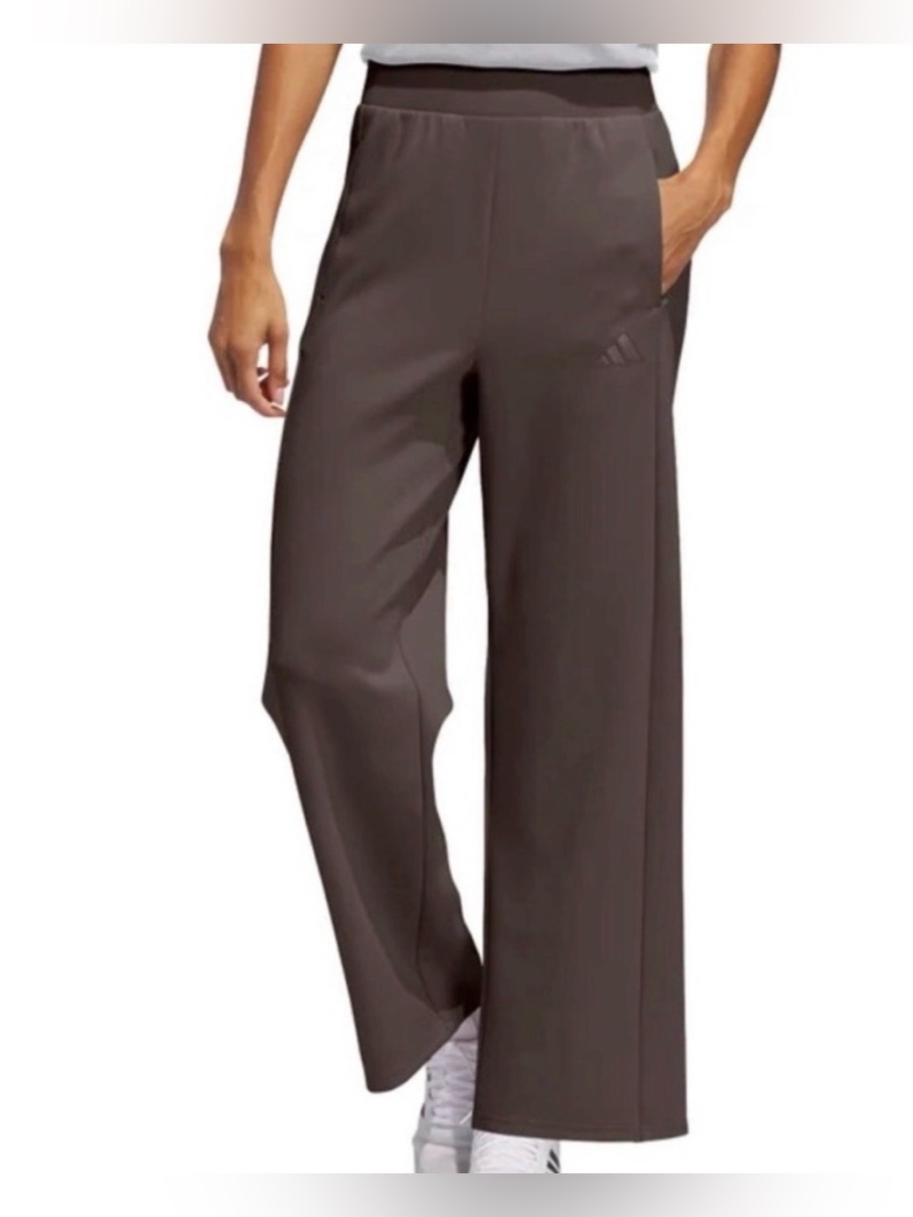 adidas Women's Lifestyle Wide-Leg Pants in Brown Size:L with Front Zip Pockets